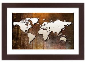 Plakát Mapa světa na dřevě Barva rámu: Bílá, Rozměry: 100 x 70 cm
