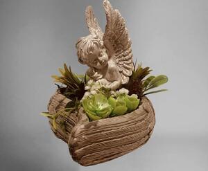 Aranžmá smuteční - srdce květináč s křídly, andělíček, sukulenty,pr.23cm