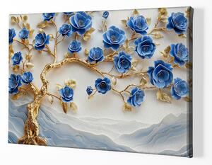 Obraz na plátně - Strom života zlatý Modrý květ FeelHappy.cz Velikost obrazu: 150 x 100 cm