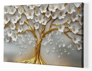 Obraz na plátně - Strom života zlatý Bílý květ FeelHappy.cz Velikost obrazu: 150 x 100 cm