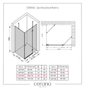 Cerano Marino, sprchový kout 110(dveře) x 80(stěna) x 190 cm, 6mm čiré sklo, černý profil, CER-CER-422886