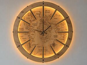 "Mapa světa" světelné hodiny 230V 70 cm/dub světlý