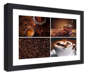 Plakát Zrnková káva, mlýnek a káva Barva rámu: Hnědá, Rozměry: 100 x 70 cm