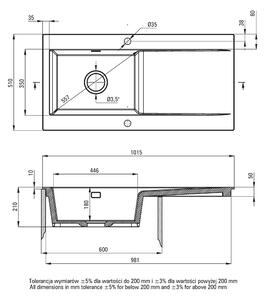 Deante Sabor, keramický dřez na desku 1015x510x210 mm + prostorově úsporný sifon, 1-komorový, bílá lesklá, ZCB_A113