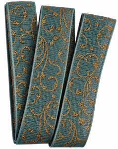 Vánoční ornament Turquoise Gold – bavlněná stuha tyrkysová se zlatým potiskem 25mm x 2m