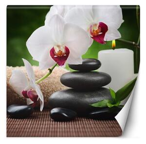 Fototapeta Orchidej, svíčka a zenové kameny v lázních Materiál: Vliesová, Rozměry: 100 x 100 cm