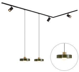Moderní kolejnicový systém černý se 2 zelenými závěsnými svítidly a 3 bodovými světly 1-fázový - Iconic Jeana Luxe Jina
