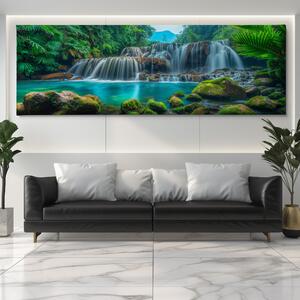 Obraz na plátně - Vodopády s mechovými kameny v džungli FeelHappy.cz Velikost obrazu: 240 x 80 cm