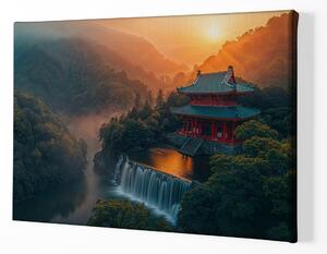 Obraz na plátně - Japonský chrám s vodopády a západem slunce FeelHappy.cz Velikost obrazu: 150 x 100 cm
