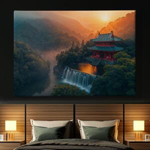 Obraz na plátně - Japonský chrám s vodopády a západem slunce FeelHappy.cz Velikost obrazu: 40 x 30 cm