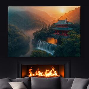 Obraz na plátně - Japonský chrám s vodopády a západem slunce FeelHappy.cz Velikost obrazu: 210 x 140 cm