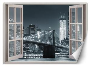 Fototapeta Okno - New York City Brooklynský most v černé a bílé barvě Materiál: Vliesová, Rozměry: 140 x 100 cm