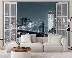 Fototapeta Okno - New York City Brooklynský most v černé a bílé barvě Materiál: Vliesová, Velikost: 140 x 100 cm