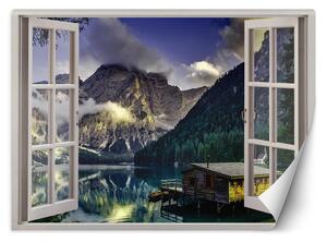 Fototapeta Okno - pohled na jezero v horách Materiál: Vliesová, Rozměry: 140 x 100 cm