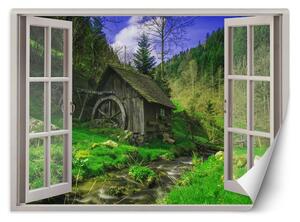 Fototapeta Okno - pohled na chatu v lese Materiál: Vliesová, Rozměry: 140 x 100 cm