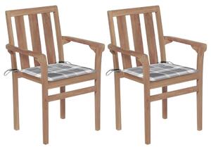 Zahradní židle 2 ks šedé kárované podušky masivní teakové dřevo
