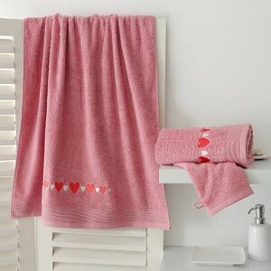 Koupelnový textil s výšivkou srdcí starorůžová ručník 50x100 cm+žínka