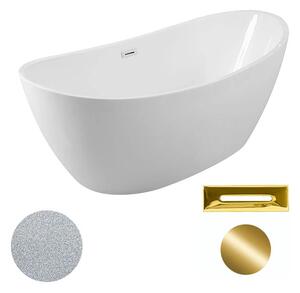 Besco Akrylátová volně stojící vana Ayla Glam S 170x80 Barva: Bílá/stříbrná, Rozměry (cm): 170x80, Typ a barva výpustě: Click-Clack s přepadem, zlatá