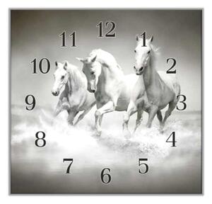 Nástěnné hodiny 30x30cm tři bílí koně v běhu - plexi
