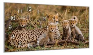Nástěnné hodiny 30x60cm leopardí samice s mláďaty - plexi