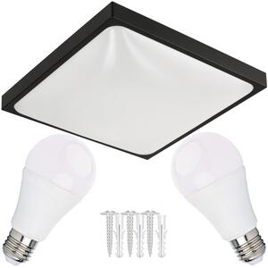 ECO LIGHT LED stropní svítidlo 2xE27 čtvercové černé + 2x E27 10W neutrální bílá žárovka