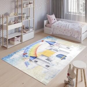 Makro Abra Dětský kusový koberec vhodný k praní BAMBINO 2654 Zámek Princezna Víla protiskluzový modrý krémový Rozměr: 160x230 cm