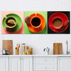 Sada obrazů na plátně Barevné šálky s kávou - 3 dílná Rozměry: 90 x 30 cm
