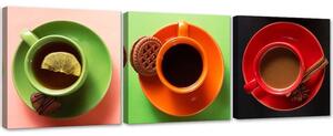 Sada obrazů na plátně Barevné šálky s kávou - 3 dílná Rozměry: 90 x 30 cm
