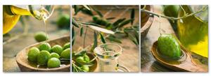 Sada obrazů na plátně Olivový olej a zelené olivy - 3 dílná Rozměry: 90 x 30 cm