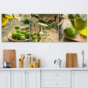 Sada obrazů na plátně Olivový olej a zelené olivy - 3 dílná Rozměry: 90 x 30 cm