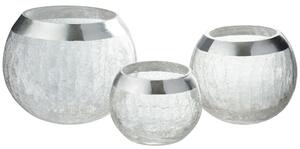 Transparentní skleněný kulatý svicen na čajovou svíčku se stříbrným zdobením - Ø 15*12 cm