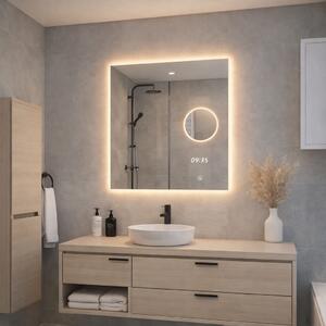 LED zrcadlo TIME 60x65 cm, hodiny, kosmetické zrcátko, nastavitelné osvětlení