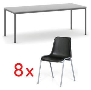 Stůl jídelní, šedý 2000x800 + 8 jídelních židlí AMADOR, černá