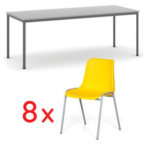 Stůl jídelní, šedý 2000 x 800 + 8 jídelních židlí AMADOR, žlutá