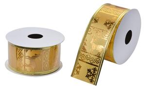 Zlatá vánoční stužka s motivem jelenů v norském stylu – 38 mm