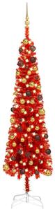 Úzký vánoční stromek s LED diodami a sadou koulí červený 210 cm