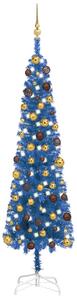 Úzký vánoční stromek s LED diodami a sadou koulí modrý 180 cm