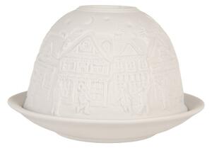 Bílý porcelánový svícen na čajovou svíčku s vánočním tradičním městečkem – 12x8 cm