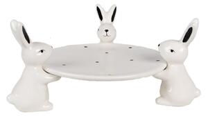 Černo-bílý keramický podnos s podstavcem ve tvaru tří králíčků Rabbit Party – 24x23x12 cm