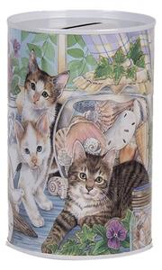 Modro-bílá plechová kasička s kočičkami na okenním parapetu – 8x13 cm
