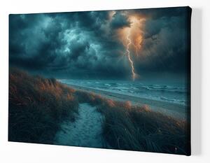 Obraz na plátně - Blesk s bouřkou nad pláží FeelHappy.cz Velikost obrazu: 60 x 40 cm