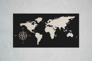 Mapa světa - kompas Velikost: 30 cm, Barva pozadí: Přírodní - borovicová překližka, Barva obrysu: Černá