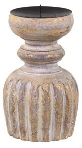 Zlato-přírodní antik dřevěný svícen na sloupovitou svíčku - Ø 9*15 cm - Chic Antique