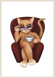 Plakát Kočka s kávou (21x30cm) A4, Plakát do dětského pokoje, Plakát se zvířátkem, Ručně kreslený obrázek, Plakát na zeď pokojíčku