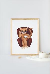 Plakát Kočka s kávou (21x30cm) A4, Plakát do dětského pokoje, Plakát se zvířátkem, Ručně kreslený obrázek, Plakát na zeď pokojíčku