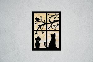 Kočka v okně Velikost: 30 cm, Barva pozadí: Přírodní - borovicová překližka, Barva obrysu: Černá