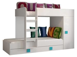 Dětská kombinovaná postel 90 cm Toreno 2 (bílá + bílý lesk + tyrkysová lesklá madla). 1083317