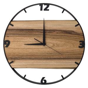 Dřevěné hodiny -50cm, přírodní dřevo - ořech, černý kovový rám (50B32)