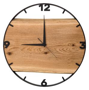Dřevěné hodiny -60cm, přírodní dřevo - dub, černý kovový rám (60B9)