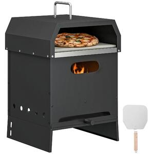 Outsunny 3v1 venkovní pec na pizzu na dřevo, nerezová dvoupatrová s pekařským kamenem, rukojetěmi a lopatkou — přenosná pec na terasu pro zahradní osl